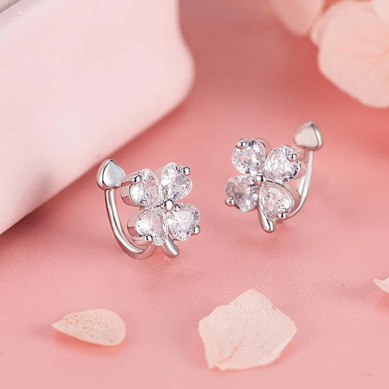 Cute Lucky Clover Ear Clips for Women Fashion No Piercing Earrings Korean Style Unique Design Zircon Ear Jewelry KOFSAC