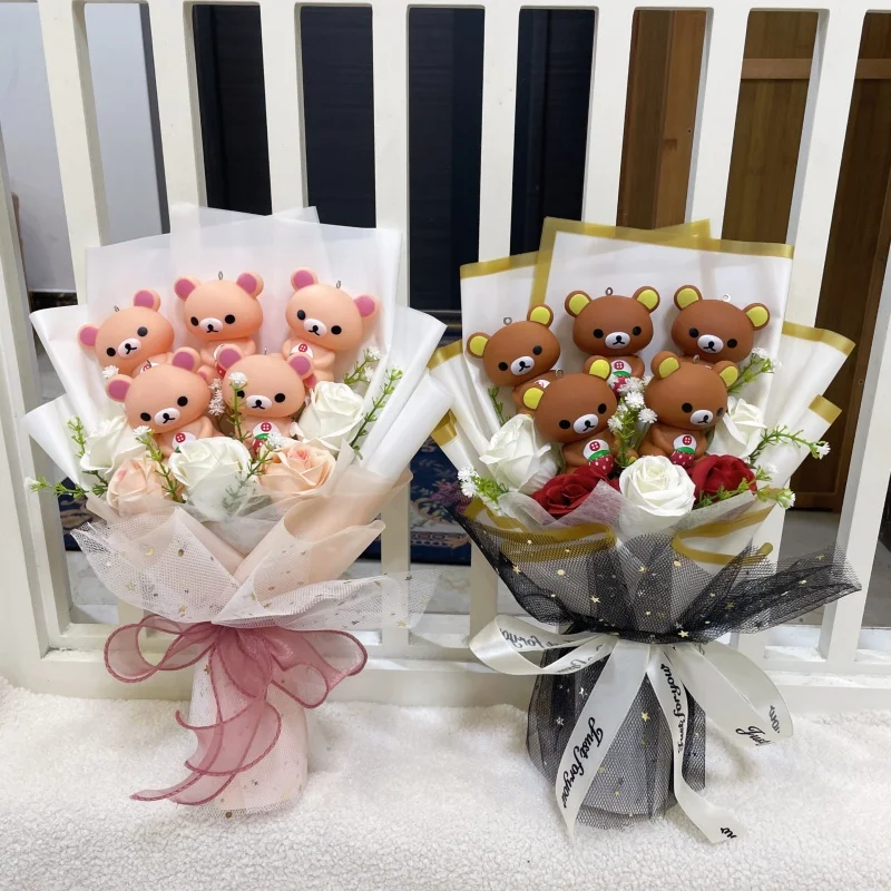 Cartoon Vinyl Doll Stitch Rilakkuma Winnie Action Figures With Artificial Flower Bouquet Christmas Valentine Birthday Gifts
