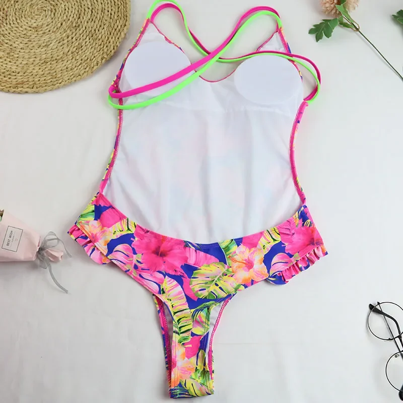 2024 Sexy One Piece Swimsuit Swimwear Women Ruffled Double Cross Straps V-neck Flower Coconut Tree Print Bathing Suit Beachwear