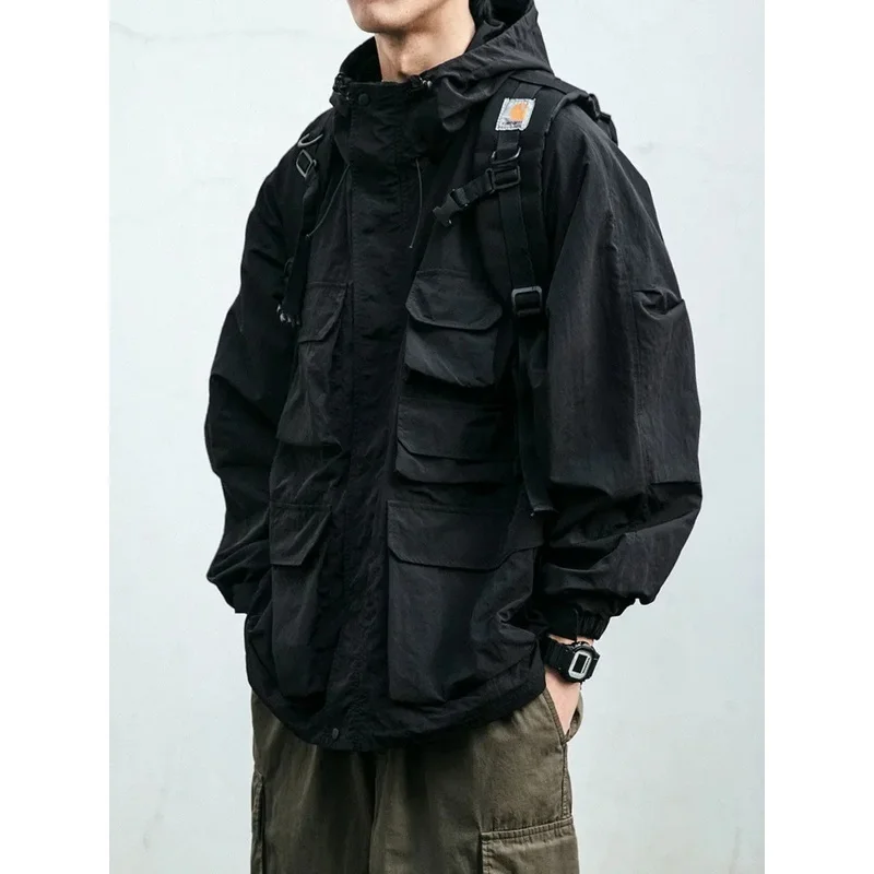 Multi-pocket Streetwear Mountain Hoodie Jacket Men Clothing Japanese Harajuku Casual Cargo Jacket Fashion Black Coats Male