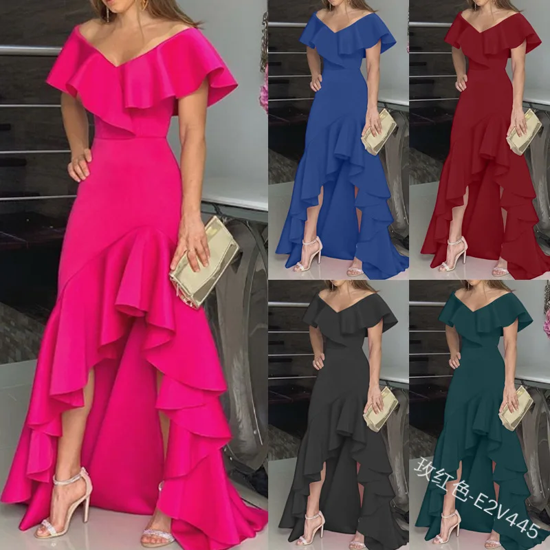 Dresses Sexy V-neck European American Elegant Party Irregular Solid Color Hem Ruffle Women Maxi Dress Short Sleeve Floor-Length