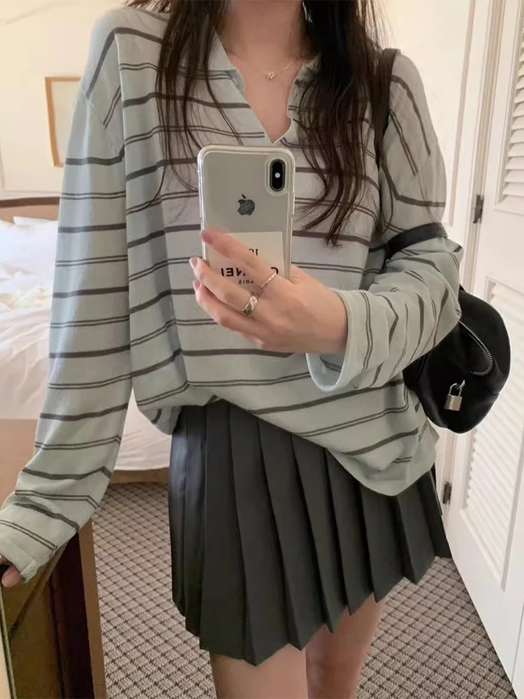 

Anti-Uv Knitted Ne Striped irt Thin Summer New Sle Women's Lazy Color Colion Top Breathable Comfortable Korean ...