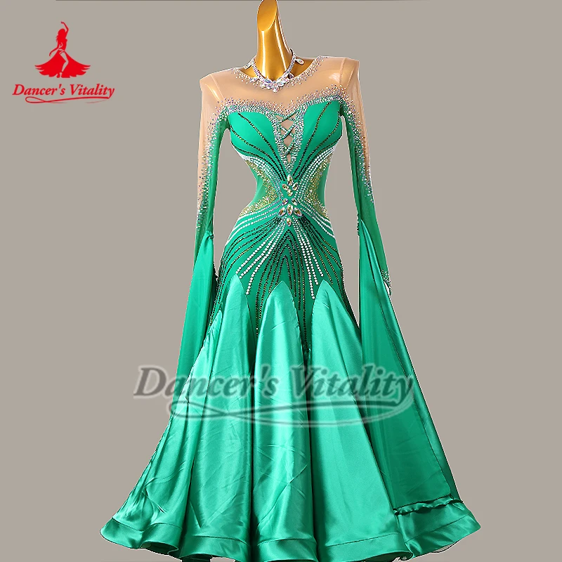 V 자형 백 그린 볼룸 AB 스톤 긴 소매 넥리스가있는 빅 스윙 드레스 성인 왈츠 퀵 스텝 옷 맞춤 크기