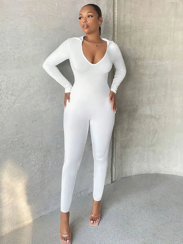 

Sibybo Tight Fitting Hooded Jumpsuits Street Trend Bandage Backless Hollow Out Long Sleeve Solid Spliced High Waist Jumpsuit