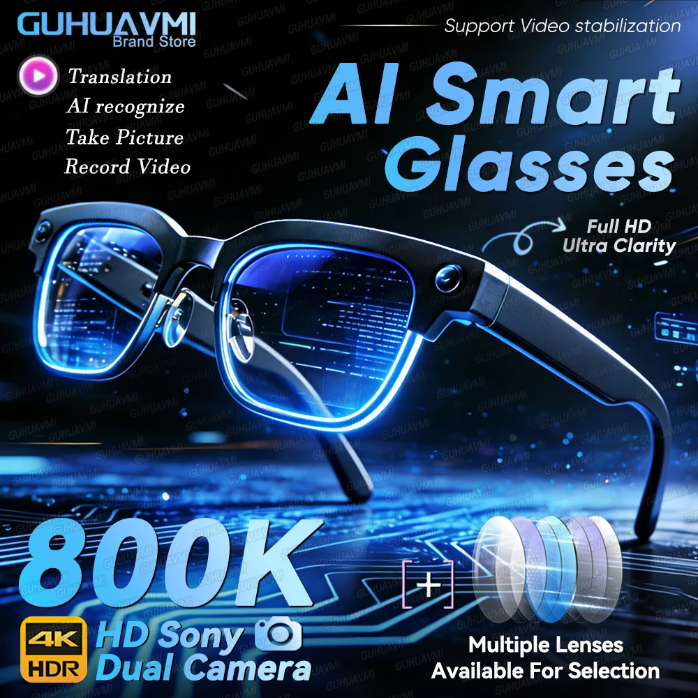 

Новые умные очки 2026 года с камерой 800W 4K HD, ИИ, переводом на 100+ языков, записью видео, Wi-Fi, воспроизведением музыки, звонками для мужчин и женщин