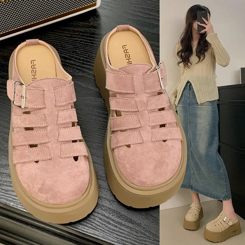 靴女性スリッパカジュアル透かし彫りヒールカバーつま先プラットフォーム-pantofle-スライドソフト高級-2025-夏のスリッパ女性夏翔