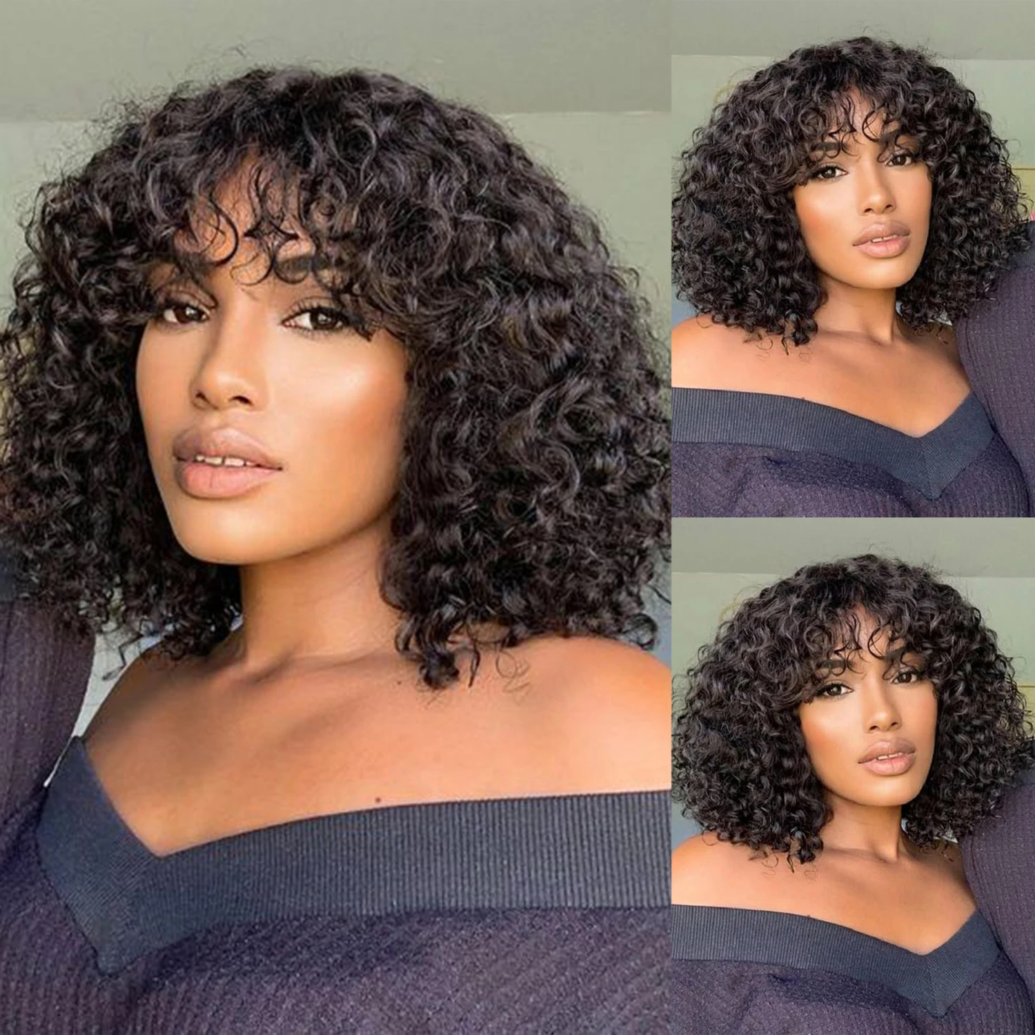 

Short Curly Wigs 10 inch Bob Water Wave Human Hair Wigs for Women Brazilian Remy Human Hair Wigs with Bangs Natural Looking