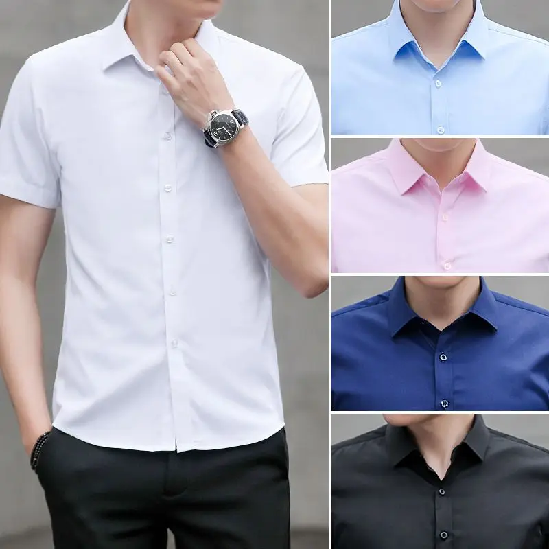 Short Sleeve Slim Fit Men's Shirt Fashionable Youth Summer No Ironing Required Pure Color Polyester Cotton Blend Daily Wear
