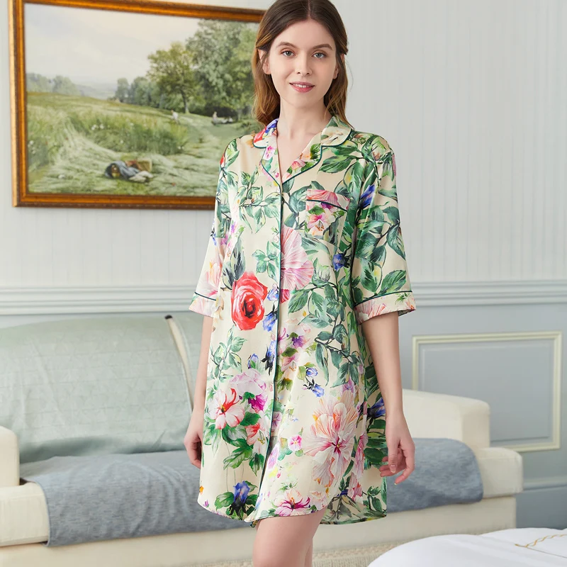 Women's Floral Print Silk Chemise Nightgown 19MM Mulberry Silk Button Front Sleepshirt for Lounge & Outdoor Summer Loungewear PJ