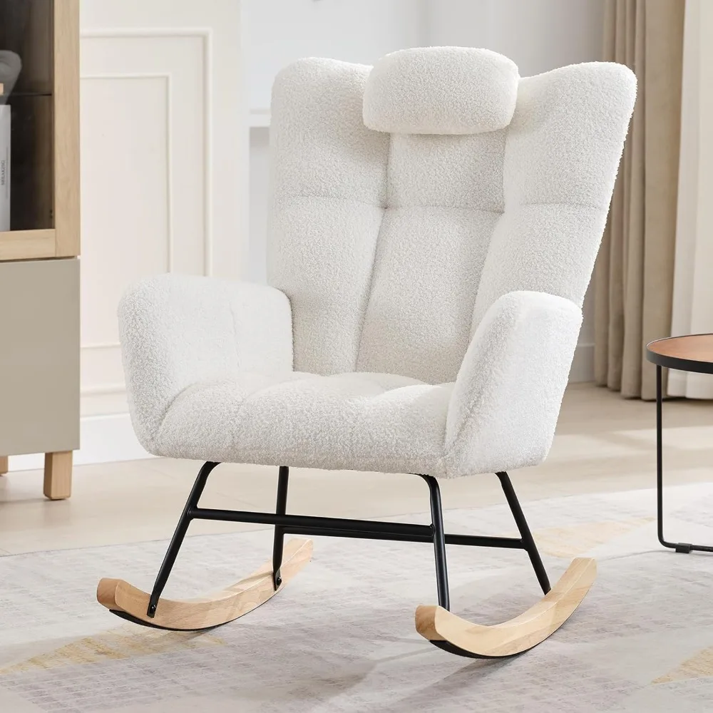 

Nursery Rocking Chair,300lb Glider Chair with Wood Legs/Two Side Pockets,Teddy Upholstered Glider Rocker with Padded Seat High B