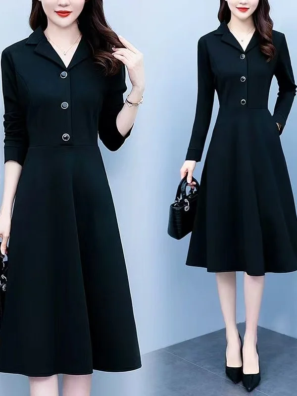 

Ele plus Size A-Line Dr Bla Slimming Thin Spring Autumn New Sle High Waist Midi Dr Ci Commuting Date Casual