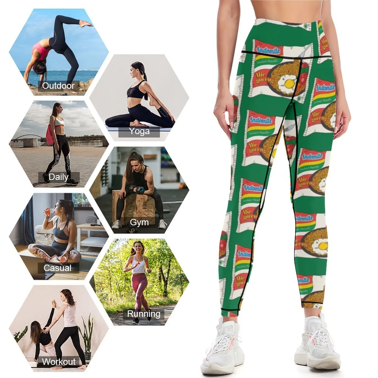 Indomiie-mallas de deporte para mujer, Leggings de Fideos Fritos, color verde, con huevo especial, para gimnasio