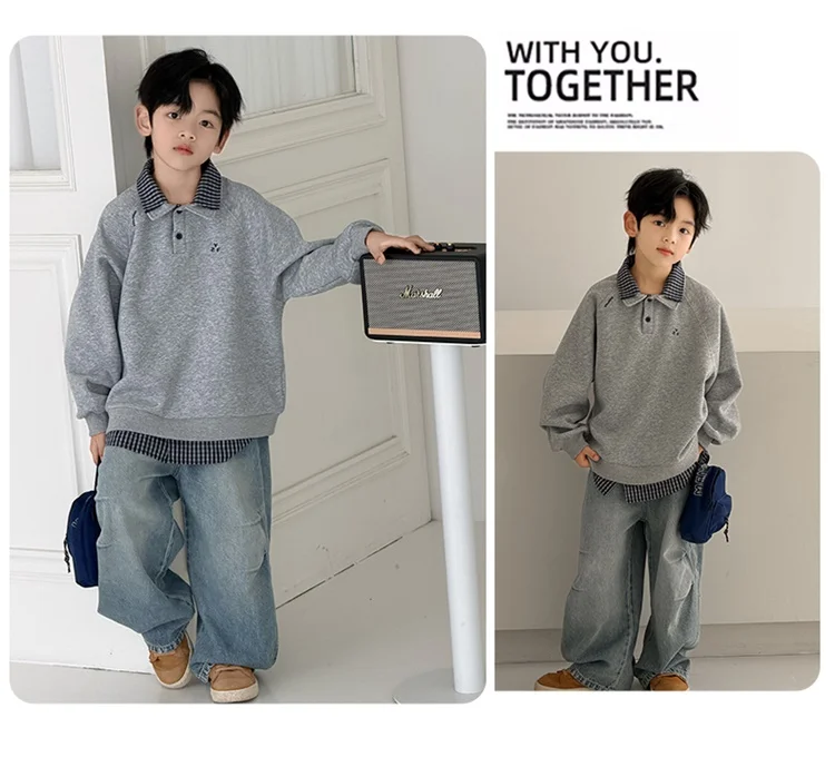 Neu eingetroffen: Modisches Langarm-Poloshirt mit doppelter Schicht für Kinder, Jungen-Hoodie mit Umlegekragen, Frühlingskleidung. – Detail 2