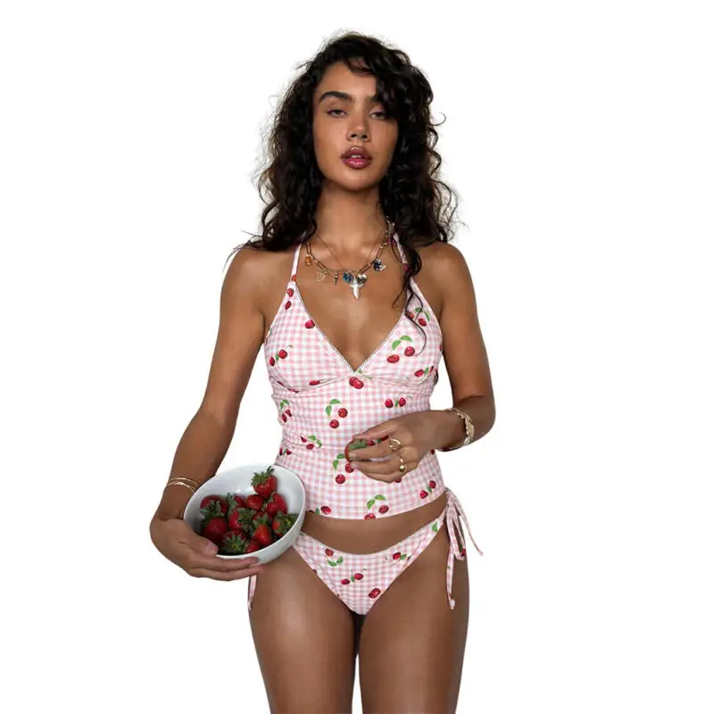 Women Cherry Print Gingham Tankini Swimwear Halter Neck Bikini Set Tie Side Swimsuit Two Piece Beach Bathing Suit Summer Holiday