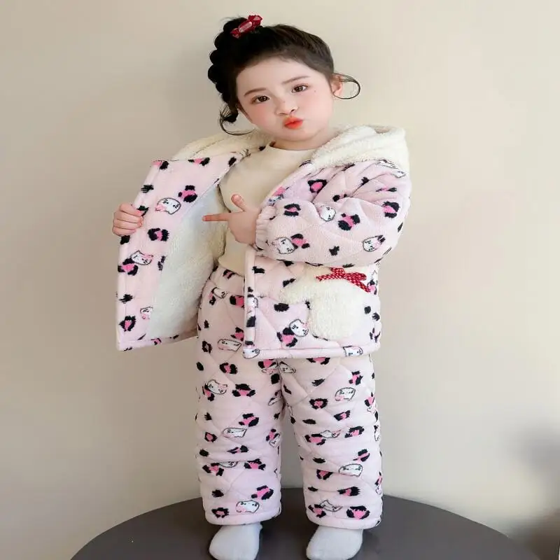 

Sanrio Hello Kitty Flannel Pajama Set For Girls Winter 2025 New Fashion Homewear Cozy Kids Sleepwear Loungewear Cute Kawaii