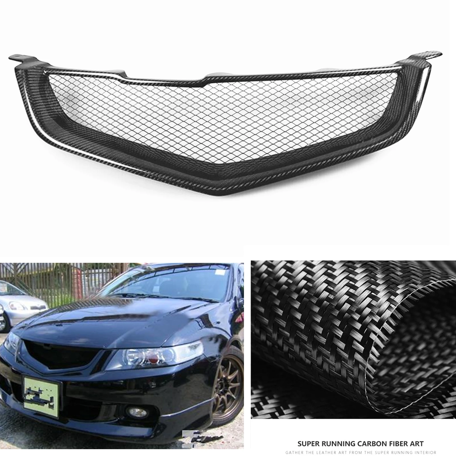 

For Honda Accord CL7 Euro R Acura TSX 2003-2005 Front Grille Grill Real Carbon Fiber/Fiberglass Upper Bumper Hood Mesh Grid Kit