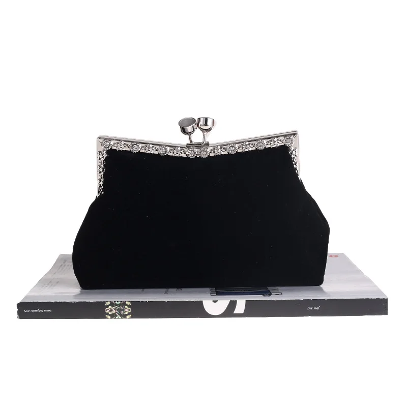 Soft Cocktail Handbags Wedding Bridal Day Clutches Purse Velvet Diamonds Evening Bags Red Black Color