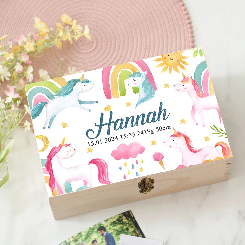 Personalized Unicorn Baby Wooded Memory Box Newbron Shower Gift Baby Keepsake Birth Stats Case Custom Infant Umbilical Cord Box