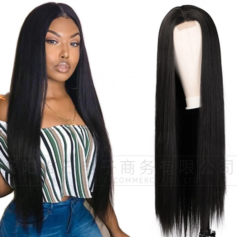 's Wig European and American Women's Middle Parted Long Straight Hair Golden-Orange Gradient U-Shaped Lace Headpiece Cospla