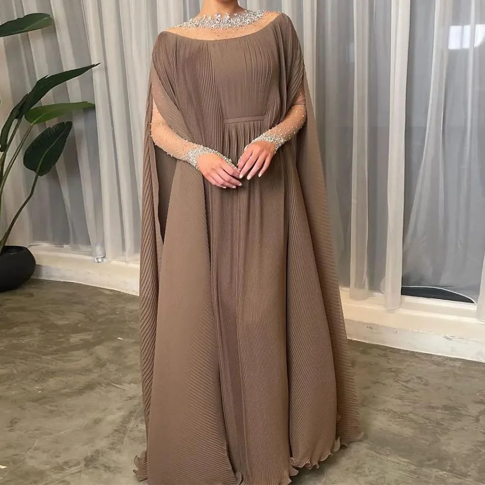 Chiffon Long Sleeves Beading Crystal Watteau Train Off the Shoulder Crew neck Floor Length Delicate and Luxury Evening Dress