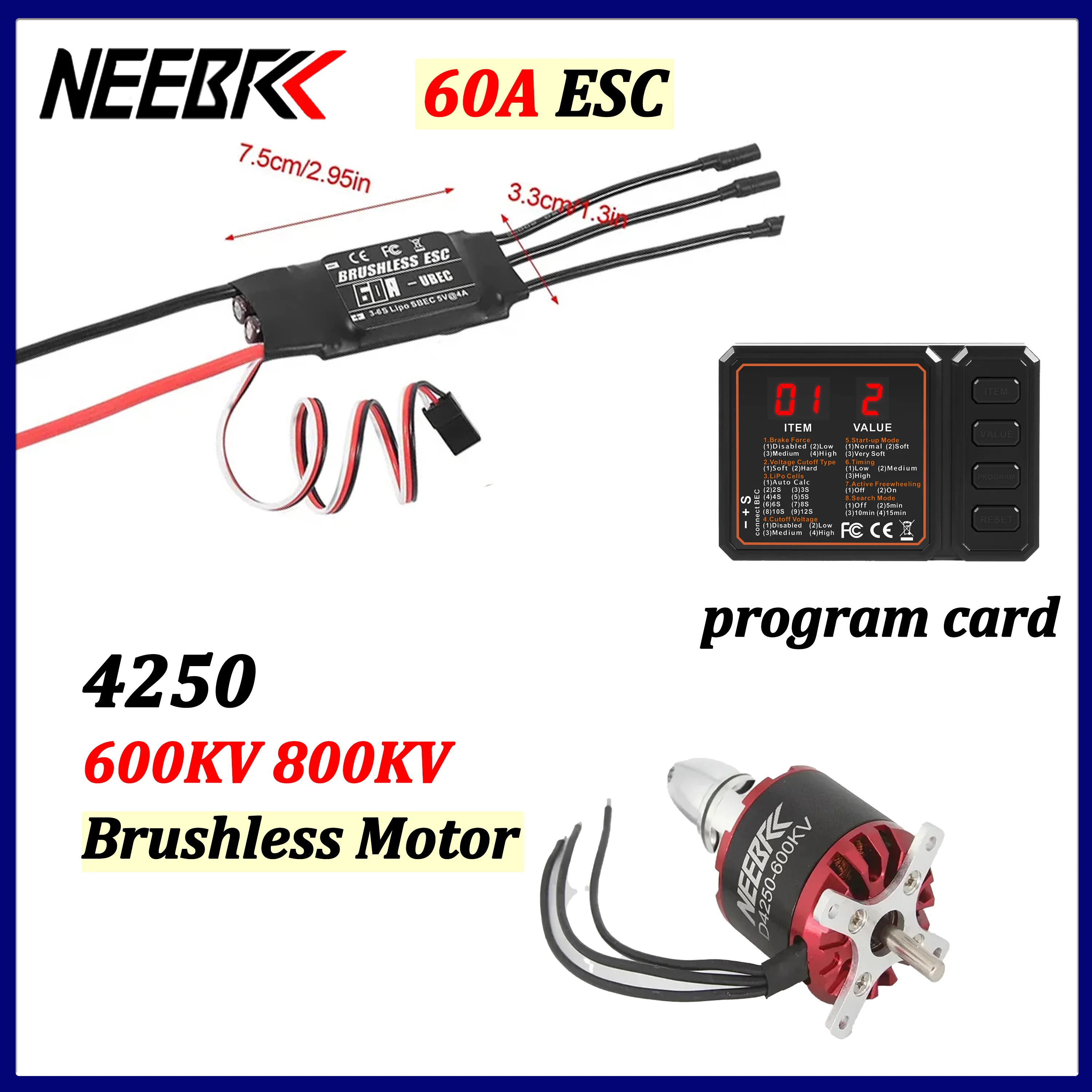 

NEEBRC 4250 600KV 800KV Outrunner Brushless Motor 60A ESC Program Card for RC FPV Plane Fixed-wing Racing Drone Helicopter Part