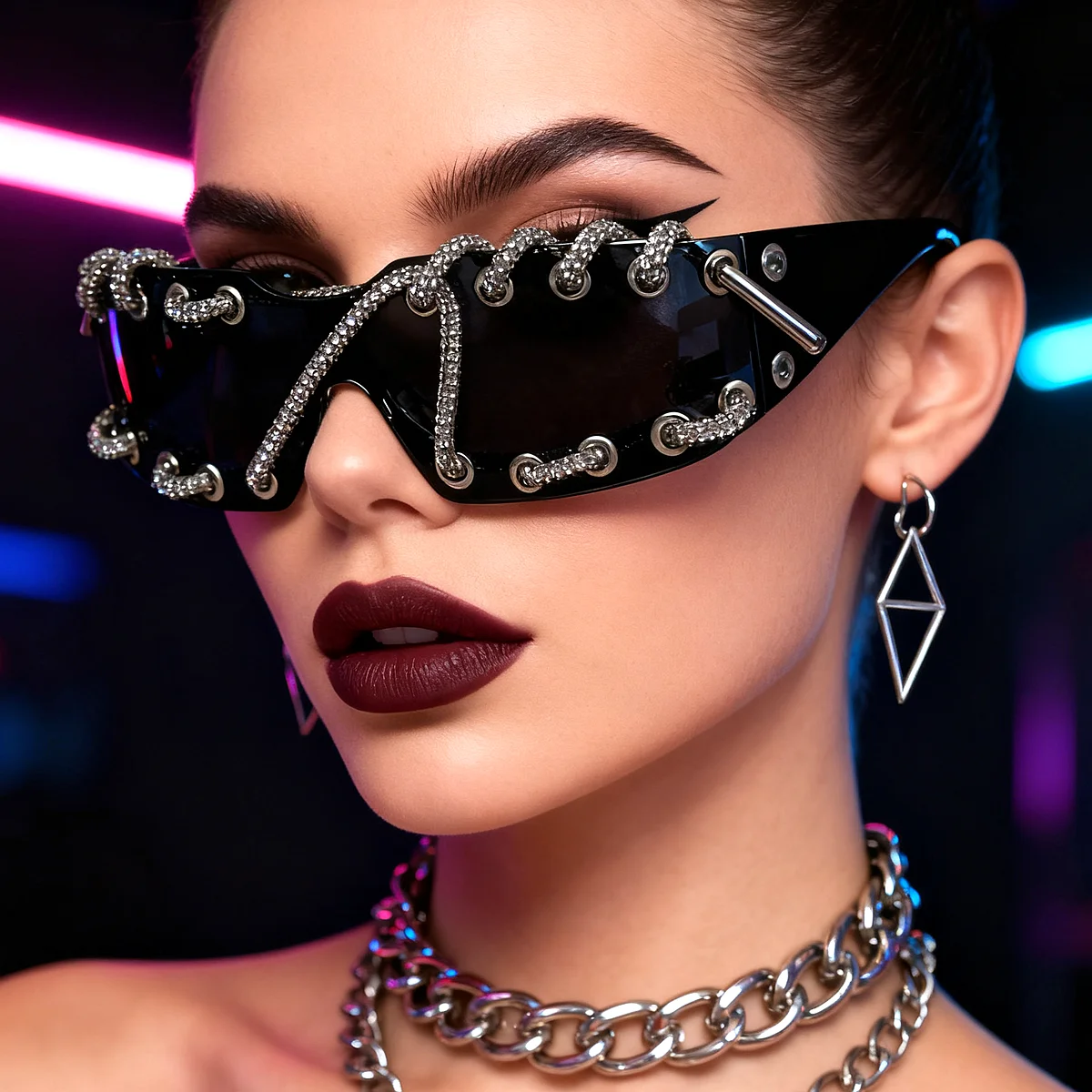 

Punk Luxury Rhinestone Chain Sunglasses for Men Women One-piece Frameless Trendy Original Design Streetwear Party Shades