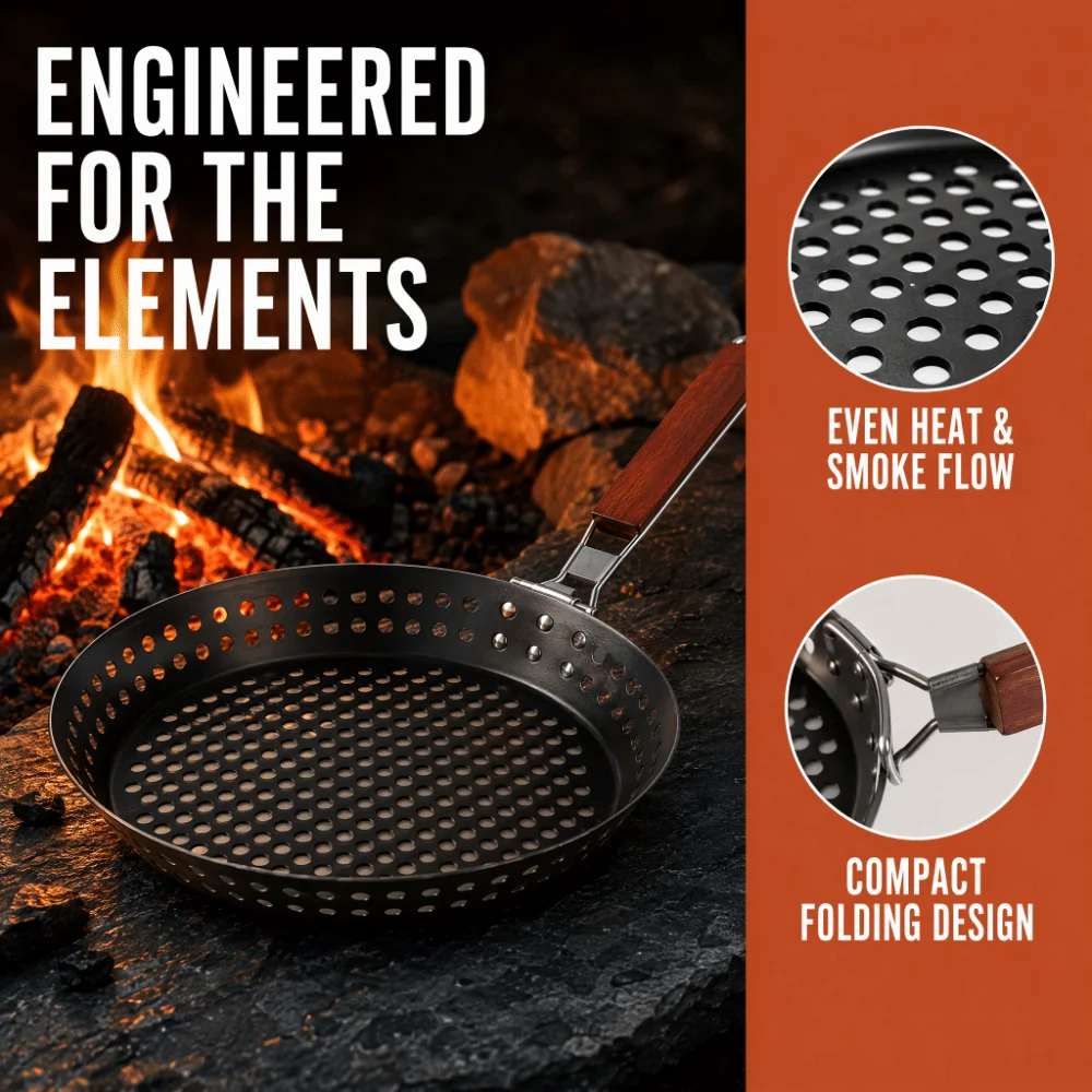 Folding Non Stick Grilling Skillet Wooden Handle Hollow BBQ Grilling Pan Heat Resistant Round Outdoor Grill Topper