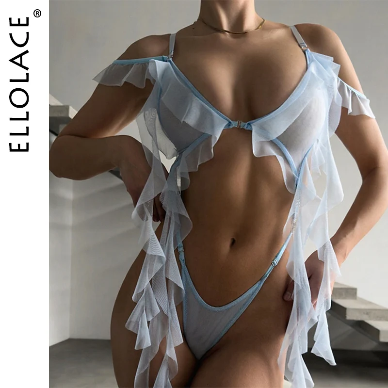 Ellolace Romantic Women's Lingerie Sets Sexy Ruffled Sheer Bra Thong Onepiece Fairy Long Ribbon Sensual Hot Women's Intimates