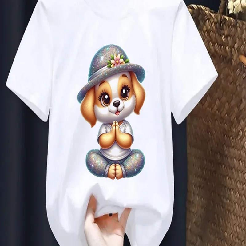 2026 New Yoga Dog Animal Print Kids Tshirt Summer Children'S Short Sleeved Shirt Top Fashion Cute Girl'S T-Shirt White Tops