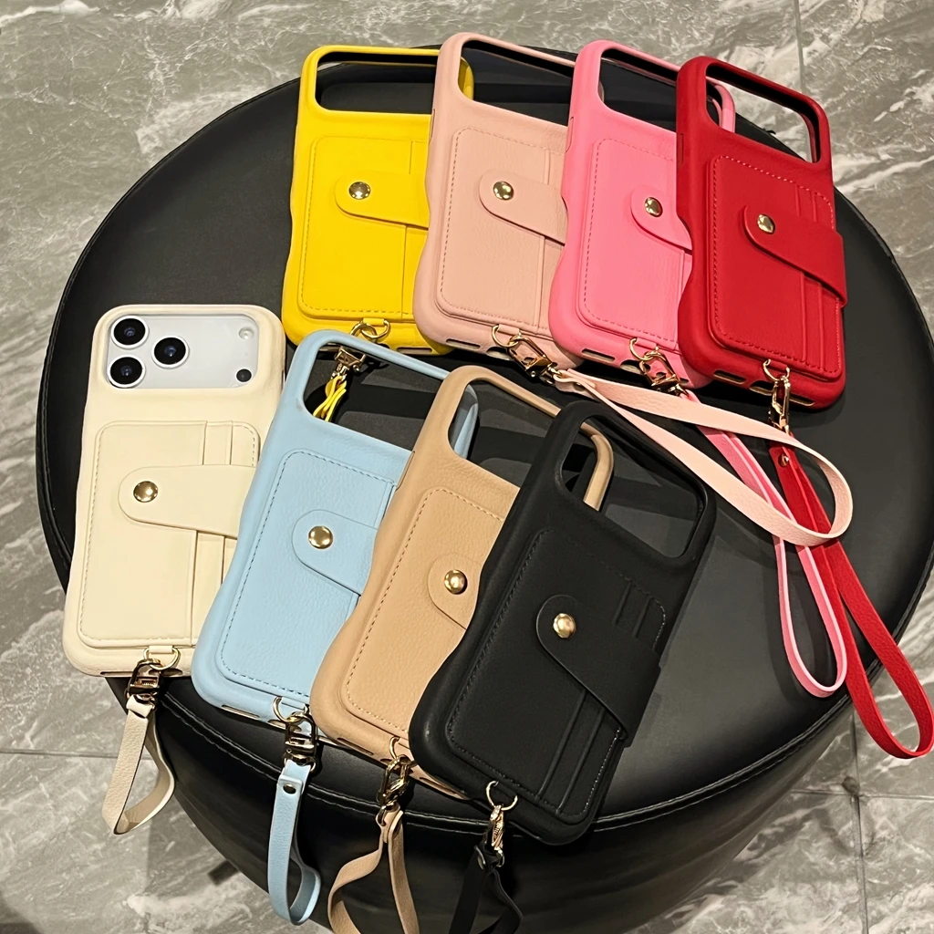 

Fashion Multifunctional Flip Card Slot Faux Leather With Lanyard Protect Phone Cover Case for iPhone 17 16 15 14 13 Pro Max Plus