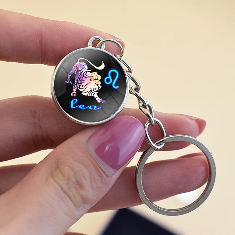 Glow In The Dark 12 Constellation Key Ring Double-Sided Zodiac Glass Ball Metal Keychain Pendant Key Chain Birthday Gift