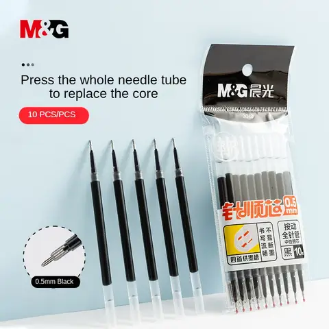 M&G 10팩 0.5mm 검정색 프레스 투 쓰기 볼펜 리필 - 속건성, 풀 니들 포인트, 4채널 잉크 공급 시스템