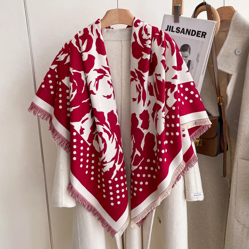 

Highly stylish polka rose faux cashmere scarf130*130Women's Winter Warm Double-Sided Shawl and Scarf