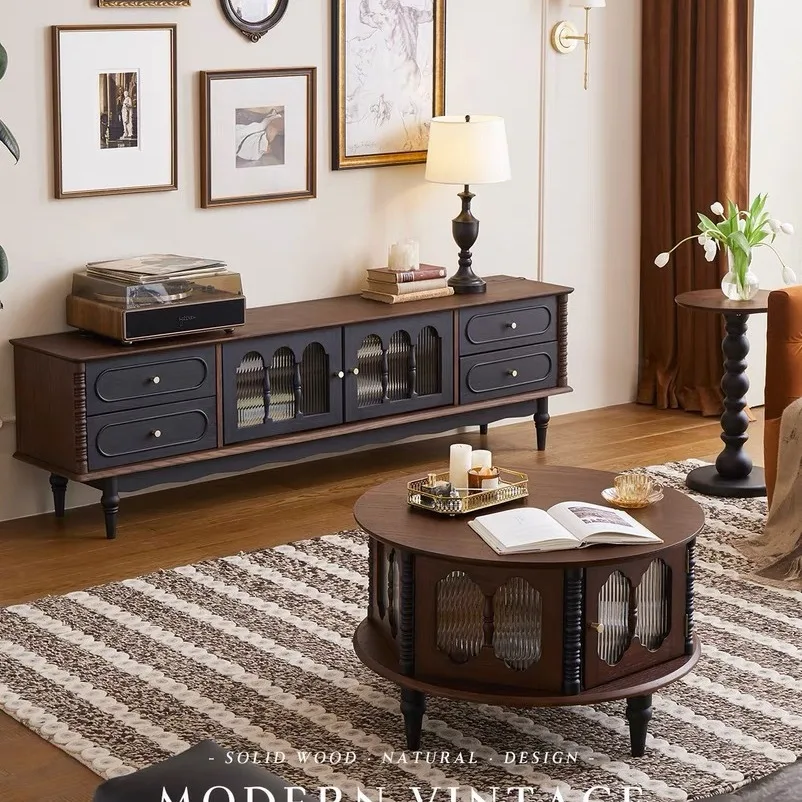 

American solid wood coffee table TV cabinet combination French retro living room household oval tea table floor cabinet locker