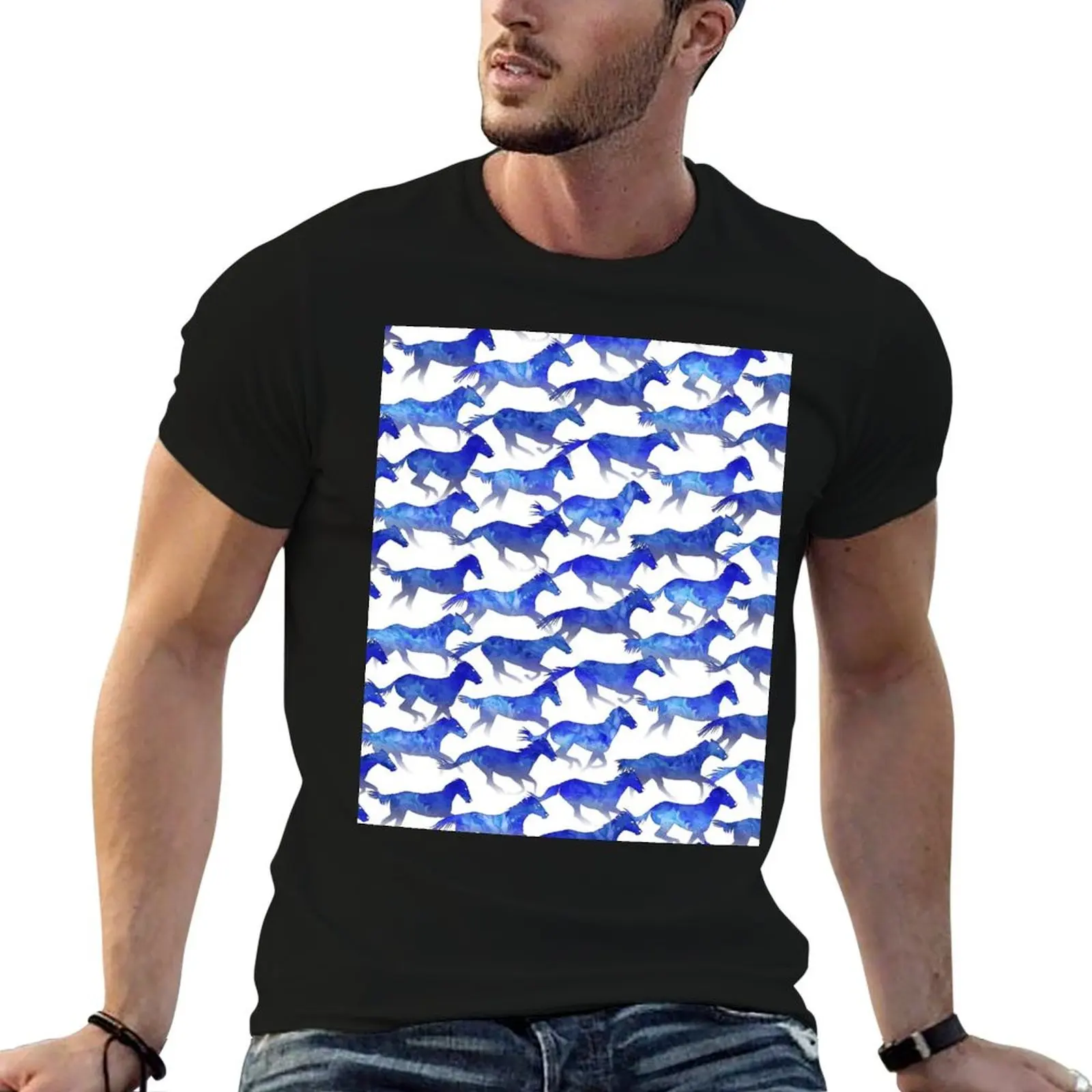 Watercolor - Running Horses Pattern - Deep Blue T-Shirt blanks man t shirt mens tall t shirts