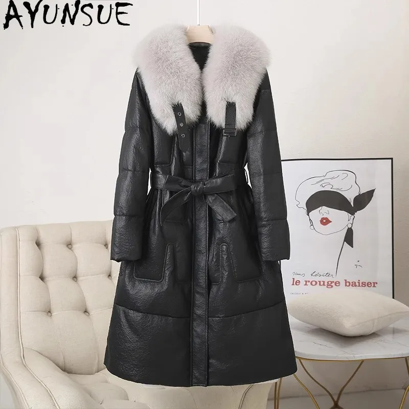AYUNSUE Echte Schaffell Echtes Leder Jacke Frauen Winter Kleidung 2025, Weiße Gans Unten Mantel Frauen Mäntel Warme Fuchs Pelz Kragen