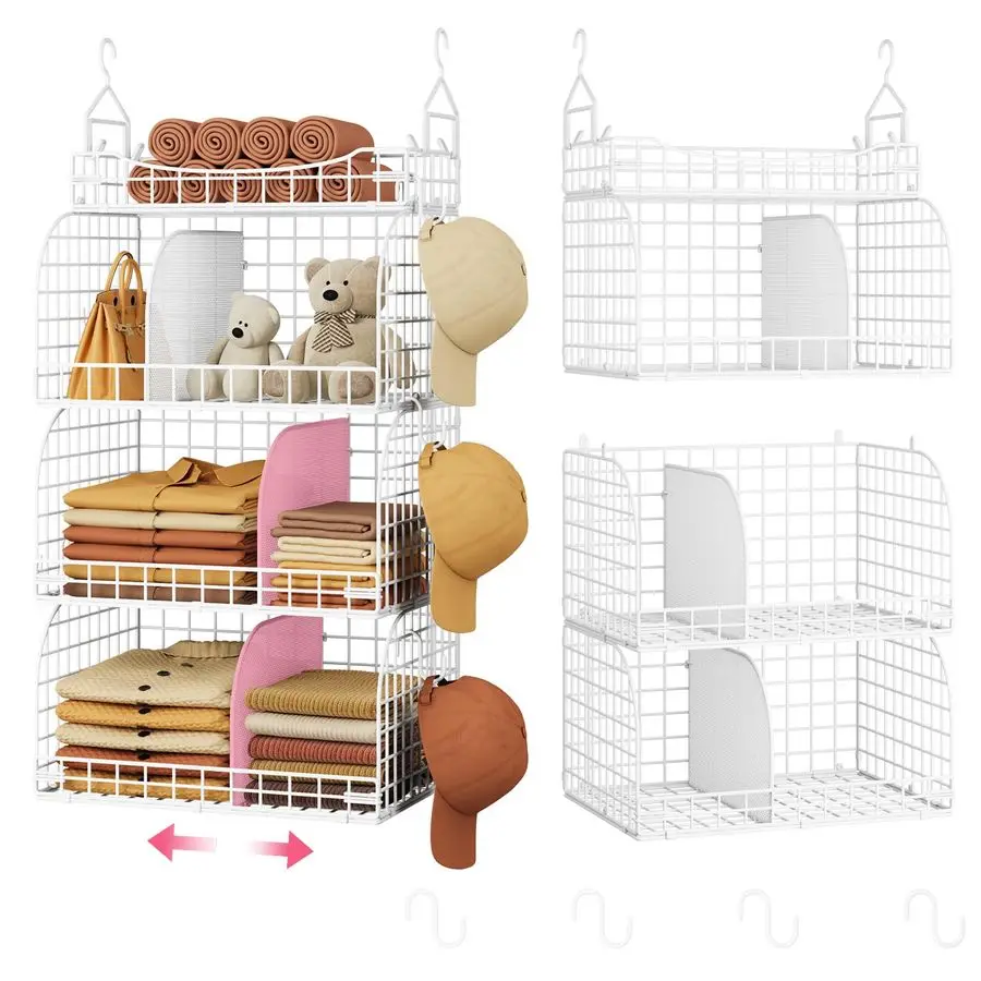 

Подвесной органайзер для хранения в шкафу. 4-х уровневые металлические штабелируемые подвесные полки для шкафа с перегородками и S-образными крючками, складные полки для одежды.