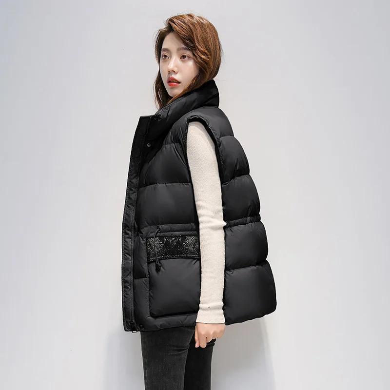 Down jacket vest ladies short autumn winter new stand-up collar drawstring pockets fashion outside  vest