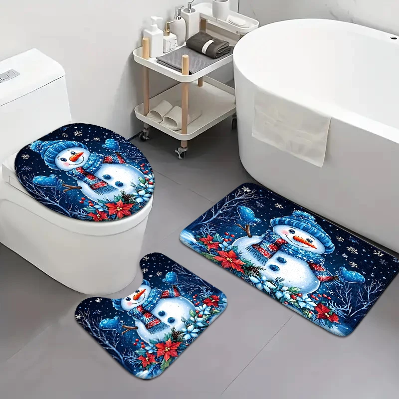 يمكن شراء مجموعة مكونة من ثلاث قطع بنمط رجل الثلج الأزرق لعيد الميلاد بشكل فردي أو مجموعة معًا لسجاد الحمام #1