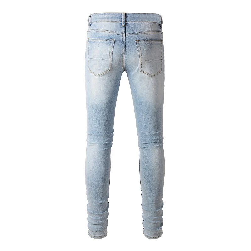Herren Schwarze Plissierte Patch-Biker-Jeans Streetwear Hellblaue Stretch-Denim-Hose Zerrissene Skinny Tapered Hose – Detail 5