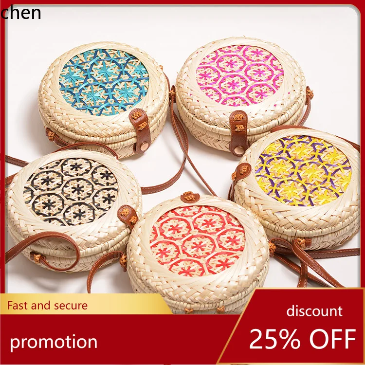 

YFY Rattan Weaving Handmade Bamboo Woven Floral Round Leather Buckle Bag