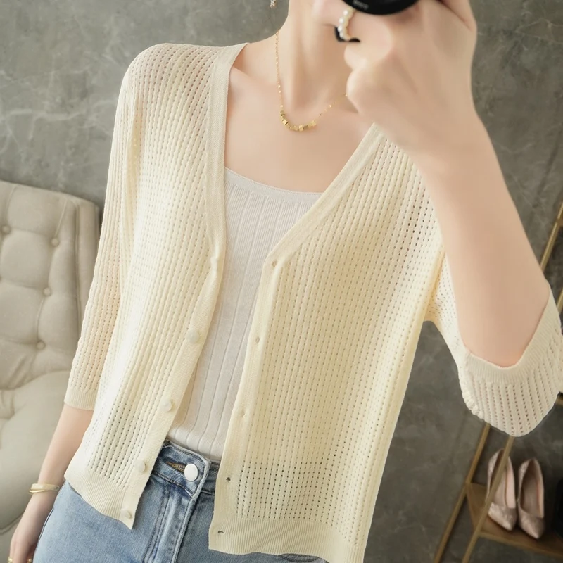 Sunscreen Cardigan Women\'s Seven Points Sleeves Breathable Hollow Thin Small Jacket 22 Spring Summer V-Neck Ice Silk Knitted Top