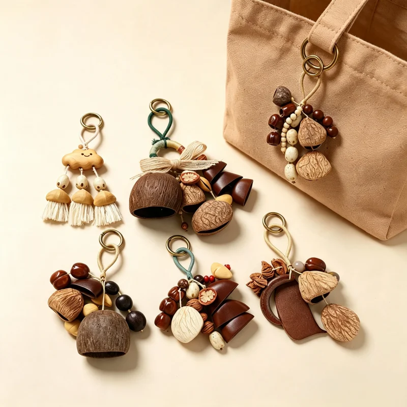 Natural sound Sound Heal Fruit Shell Keychain Bohemian Style DIY Bag Pendant Handmade Gift Hand-Cranked Wind Chime Garden Decor