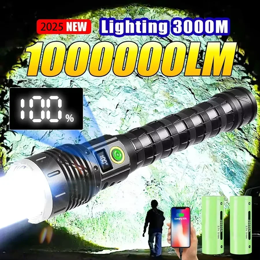 

1000000 LM Самый мощный светодиодный фонарик 10000 мАч, мощный фонарик, перезаряжаемый, 800 Вт, прожекторы, тактические фонарики, освещение 4 км