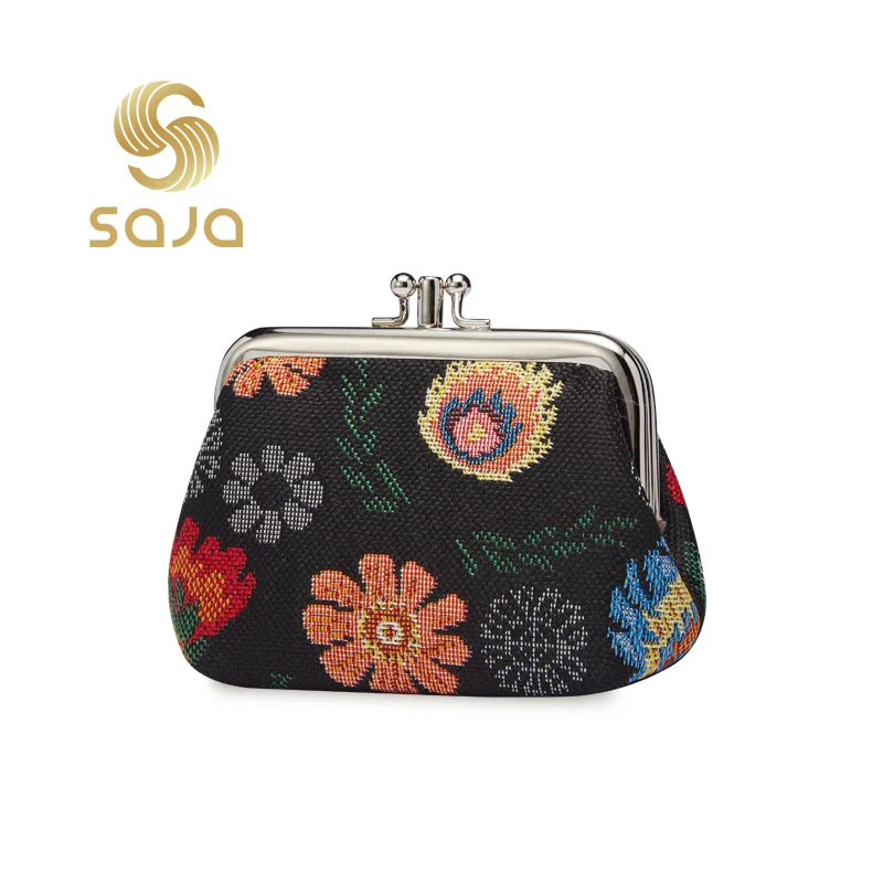 SAJA Tapestry Coin Purse Women's Wallet Key Wallet Pouch Double Pocket Kiss lock Garden Flower Coin Holder For Girl Ladies Gift