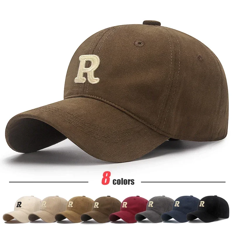 Korean Style R Letter 3D Embroidery Cotton Baseball Cap, Versatile Brushed Fleece Peaked Caps, Outdoor UV Protective Trucker Hat