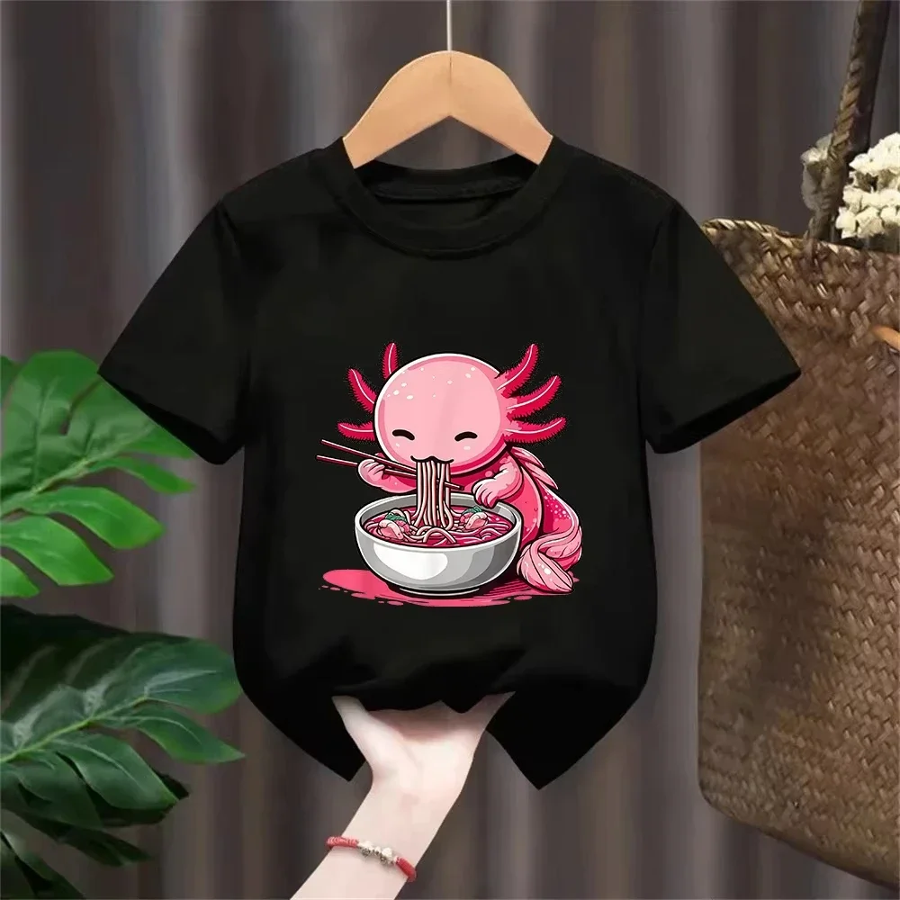 Anime Kawaii Axolotl Eating Ramen Noodles Kids Teen Girl Boy T-Shirt Cute Artwork Axolotl Lover Graphic Top Japanese Cartoon Tee