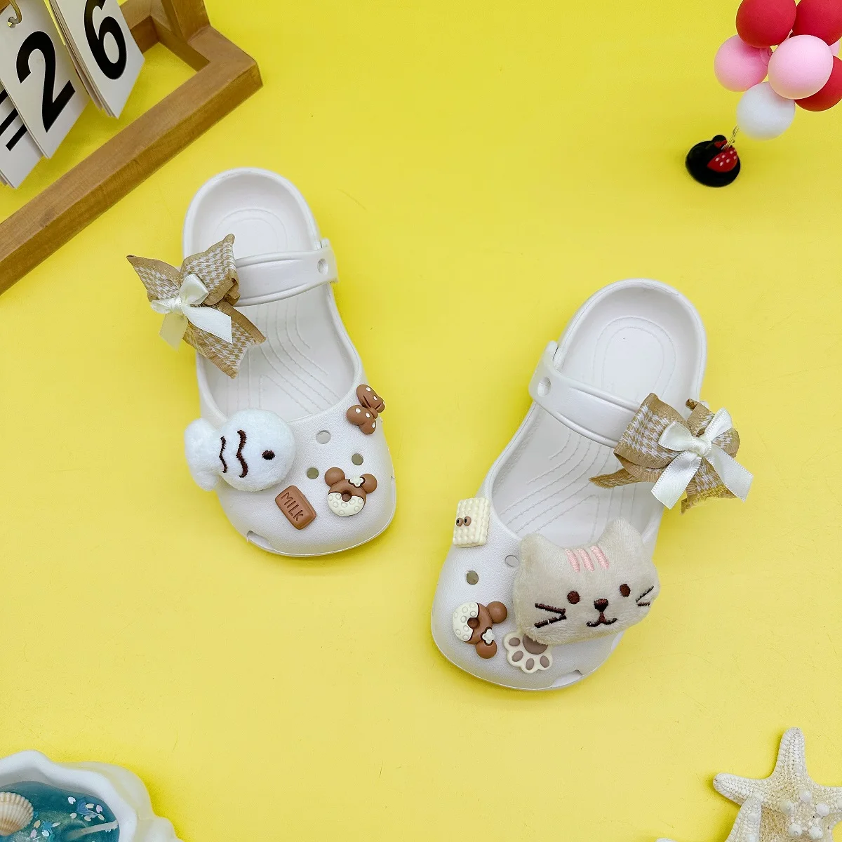 Summer Cartoon Kitten Bow Ballet Shoes Mary Jane Girls' Closed-Toe Sandals Beach Shoes Clogs