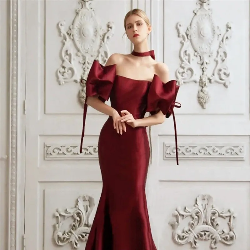 Mulheres sereia vestidos de casamento de cetim fora do ombro mangas inchadas elegante vinho vermelho vestido de noiva rendas até voltar vestido de noiva swd242