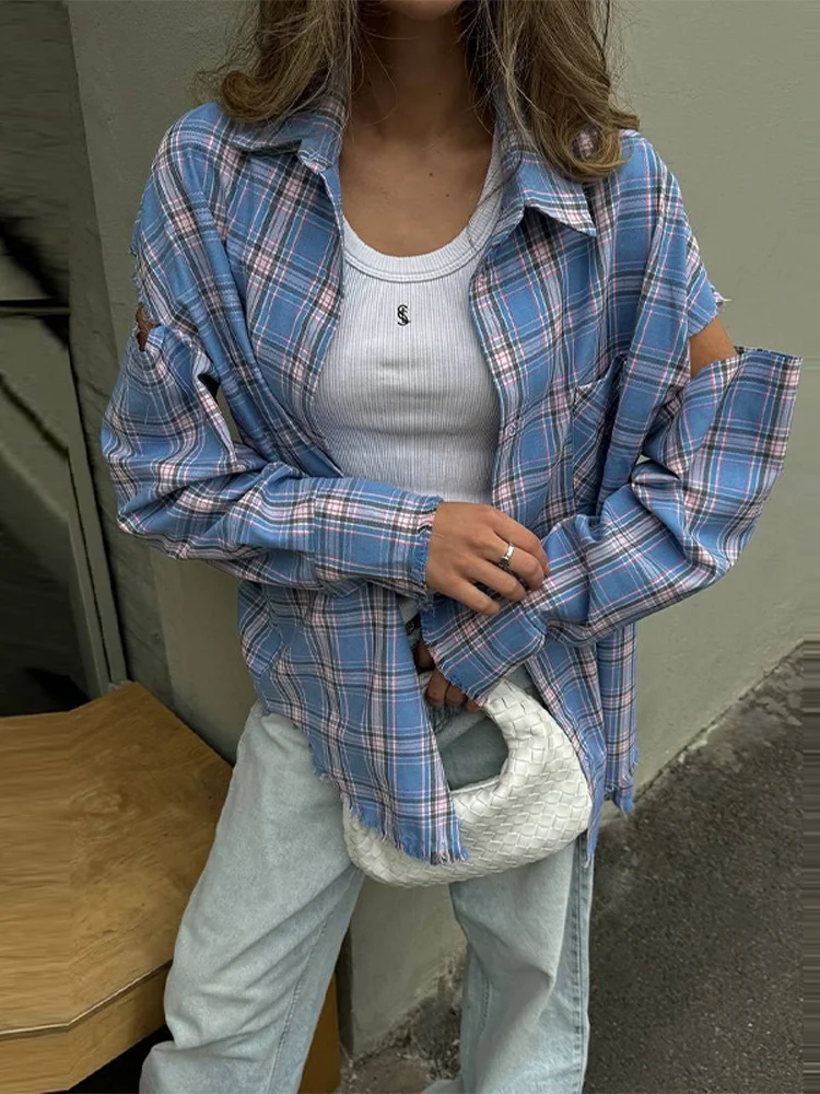 

Street Plaid Shirt Women Casual Cut-out Full Sleeve Lapel Long Sleeves Single Breasted Loose Shirts Female 2025 Daily Lady Tops